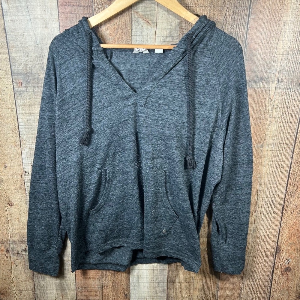 ROXY Charcoal V-Neck Hoodie Pullover XL Relaxed Casual Long Sleeve